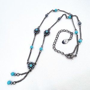 NWOT - Liz Claiborne - Turquoise & Blue Faux Pearl Y Style 15” Gunmetal Necklace